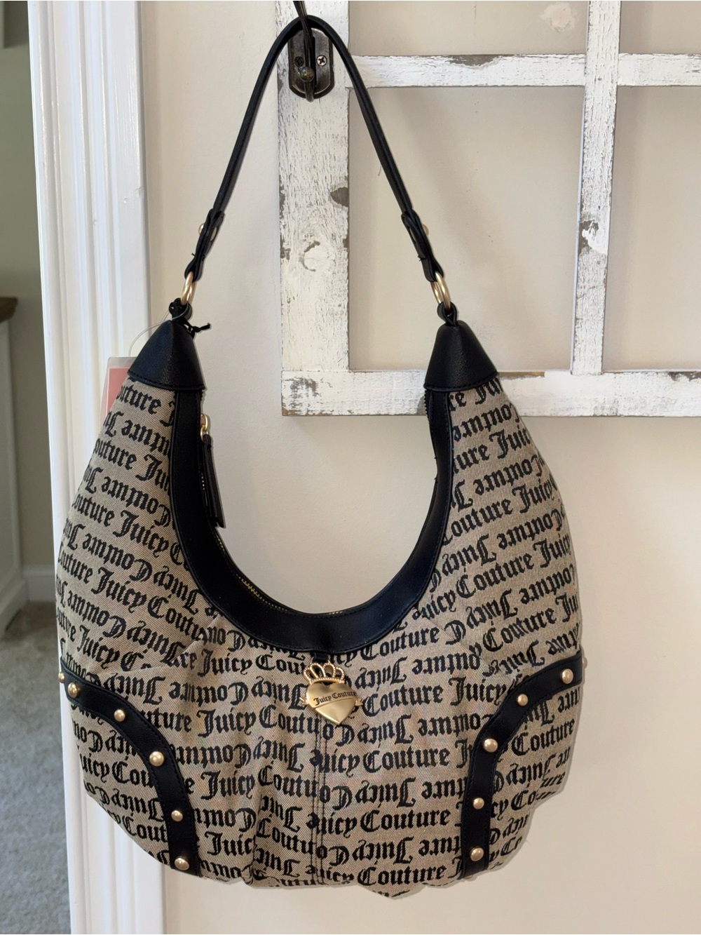 Juicy Couture Black & Beige Logo Hobo with Heart Charm